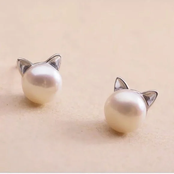 Pearl cat earrings pierced ears post stud jewelry - Picture 2 of 3